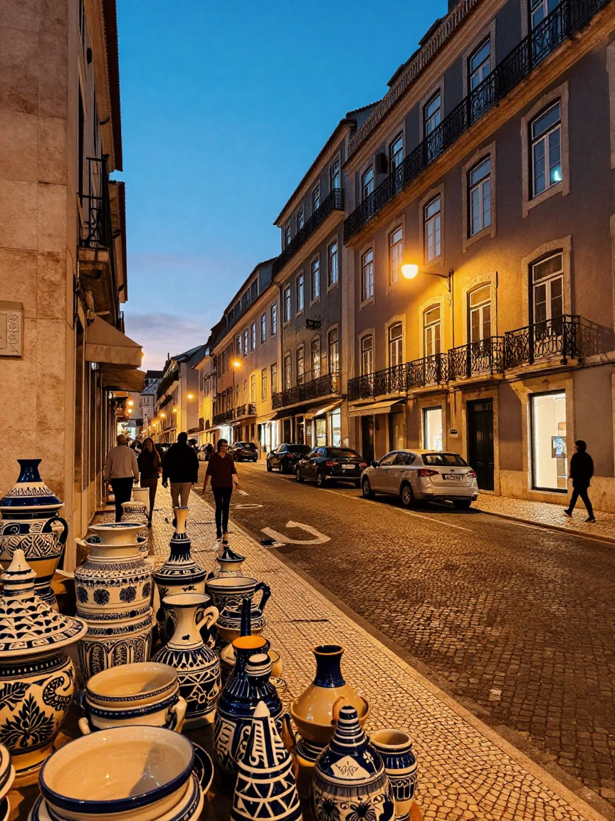 Lisbon Portugal Evening Street Scene with Traditional Ceramics and Local Life in in Lisbon, Portugal