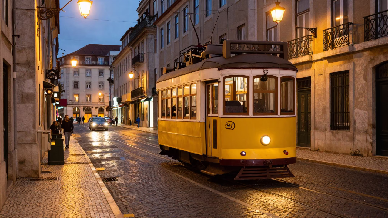 Lisbon Portugal Evening Street Scene with Traditional Yellow Tram and City Lights in in Lisbon, Portugal