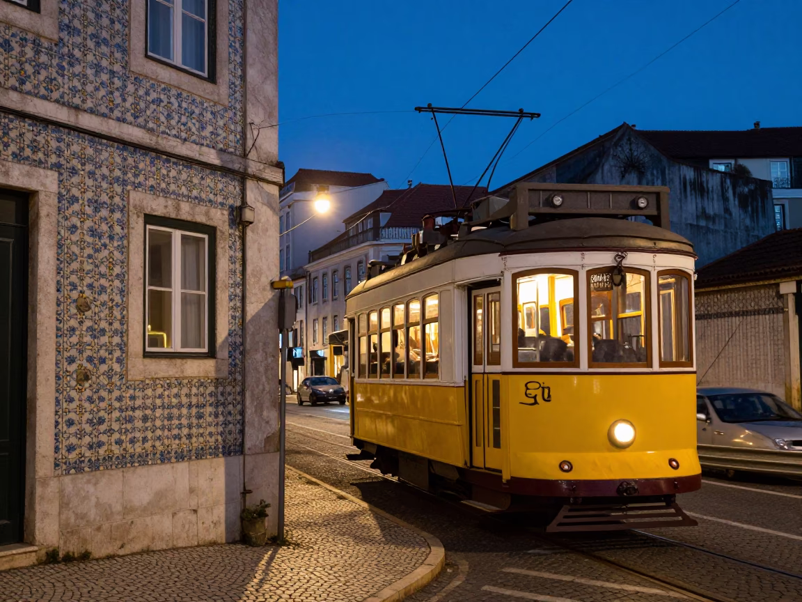 Lisbon Portugal Evening Street Scene with Tram 28 and City Lights Glowing in in Lisbon, Portugal
