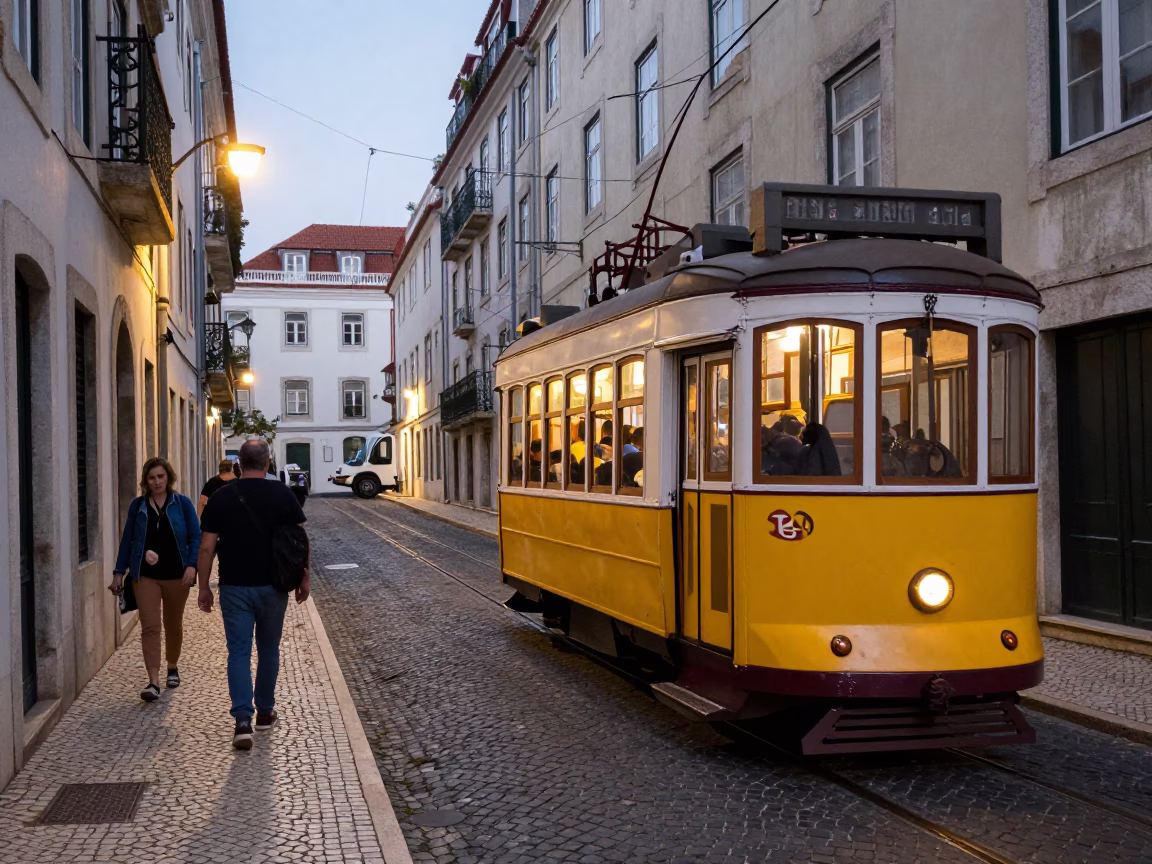 Lisbon Portugal Evening Street Scene with Tram 28 and Fado Musician in in Lisbon, Portugal