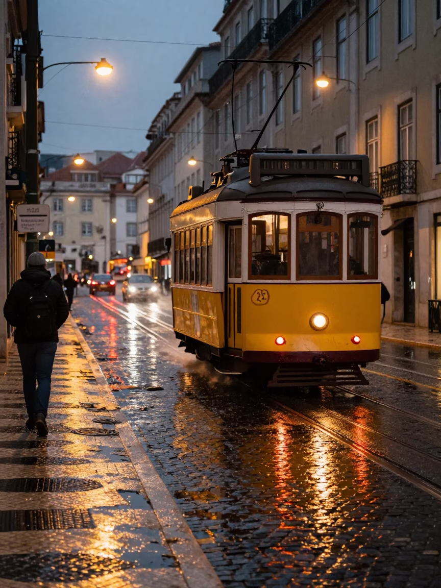 Lisbon Portugal Evening Street Scene with Tram Reflections and Rain in in Lisbon, Portugal