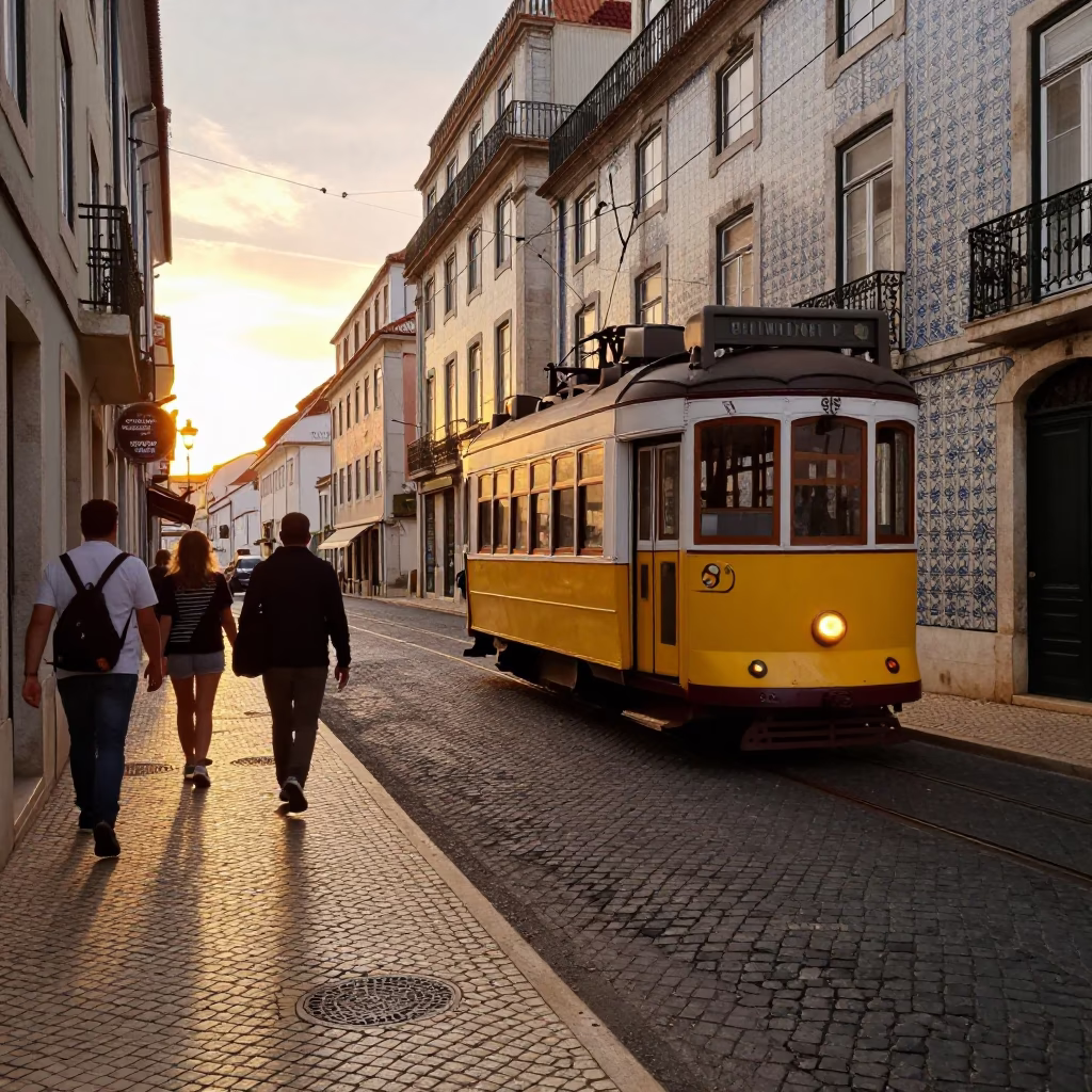 Lisbon Portugal Evening Street Scene with Yellow Tram and Traditional Azulejo Tiles in in Lisbon, Portugal