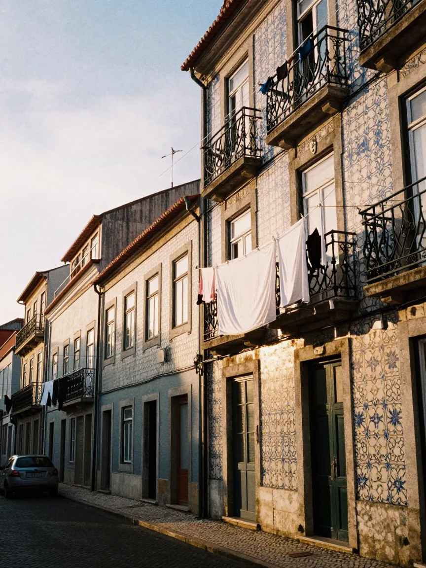 Lisbon Portugal First Light Morning Street Scene with Clothesline and Traditional Architecture in in Lisbon, Portugal