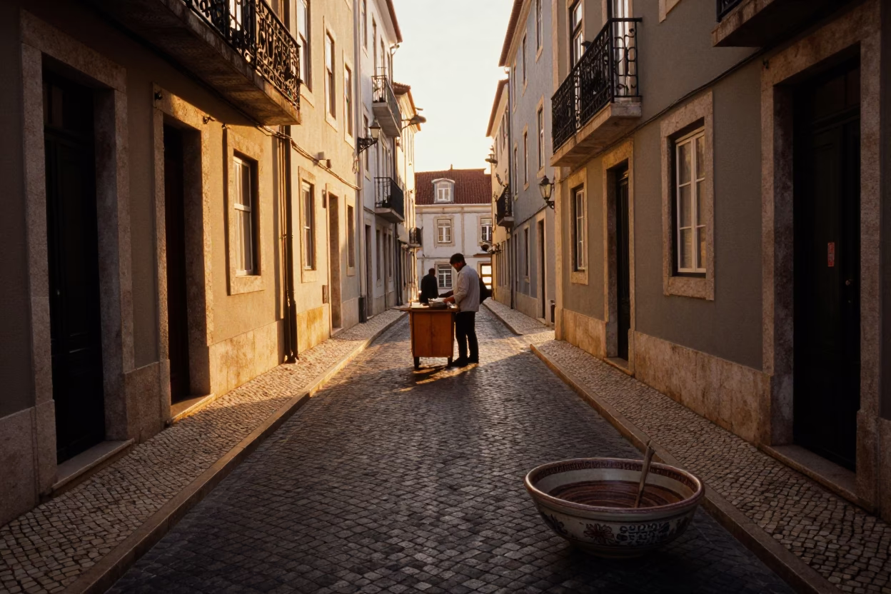 Lisbon Portugal Honeyed Evening Light Street Scene with Ceramic Bowl and Twine Fibers in in Lisbon, Portugal