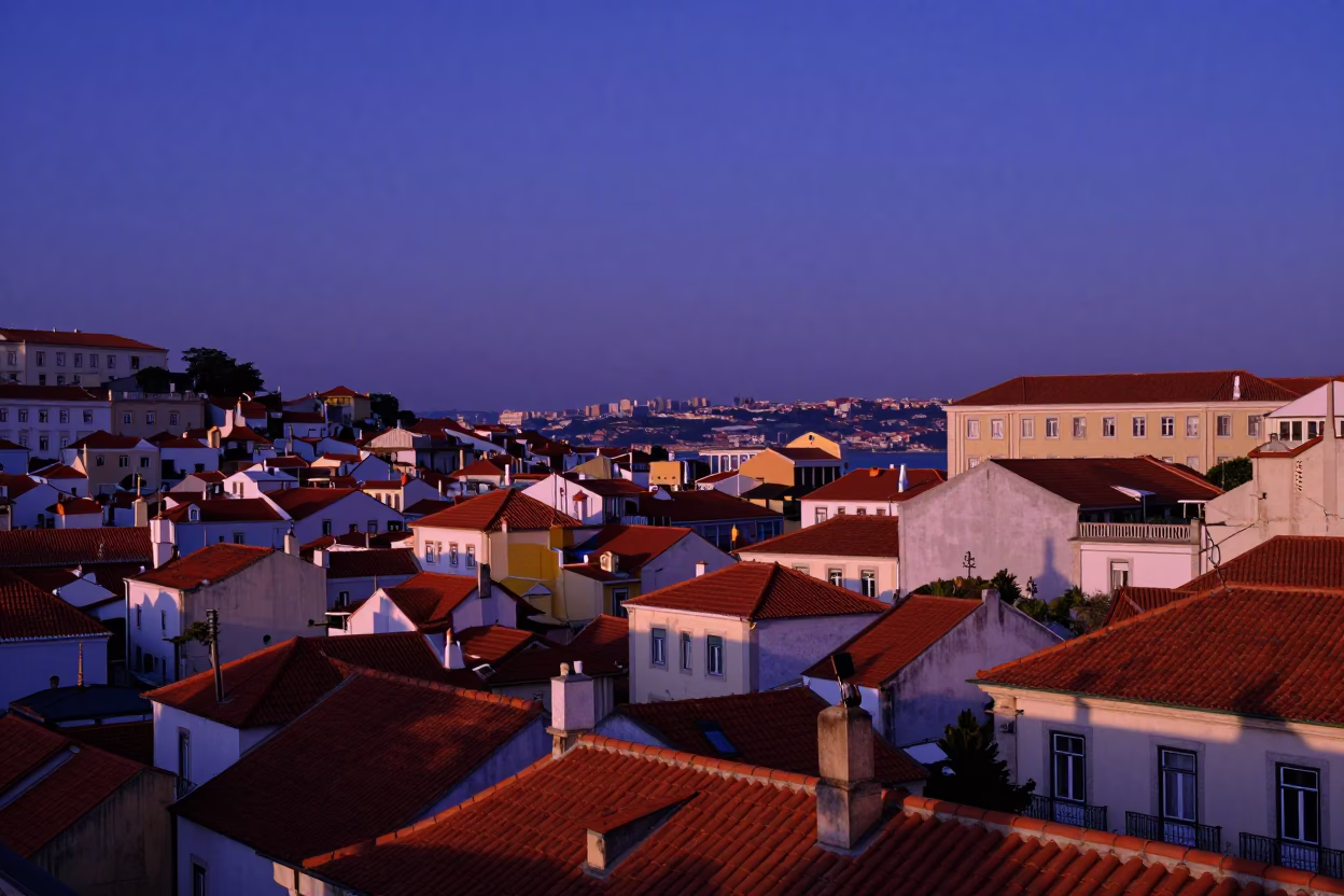 Lisbon Portugal Indigo Twilight Horizon View Over Rooftops and Distant Substation Busbars in in Lisbon, Portugal