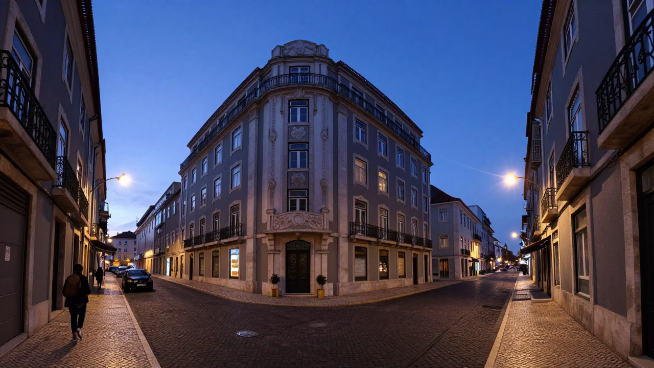 Lisbon Portugal Indigo Twilight Street Scene with Art Deco Hotel Facade in in Lisbon, Portugal