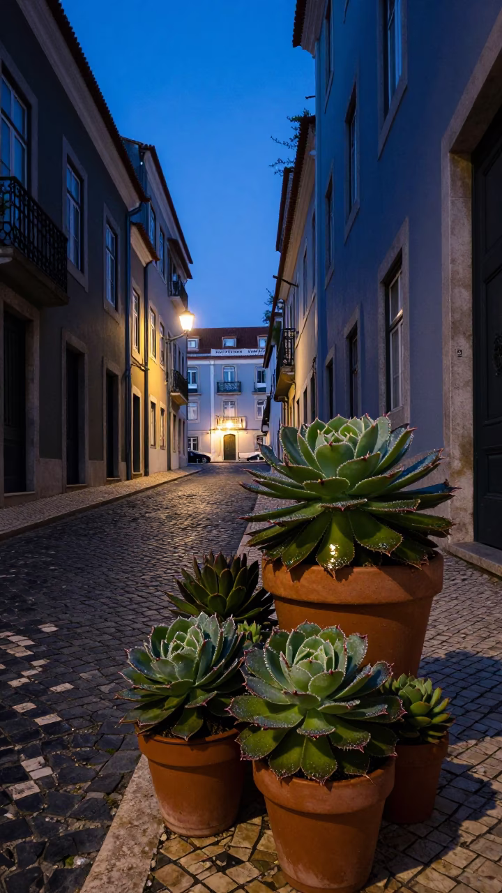Lisbon Portugal indigo twilight street scene with echeveria and stacked plates in in Lisbon, Portugal