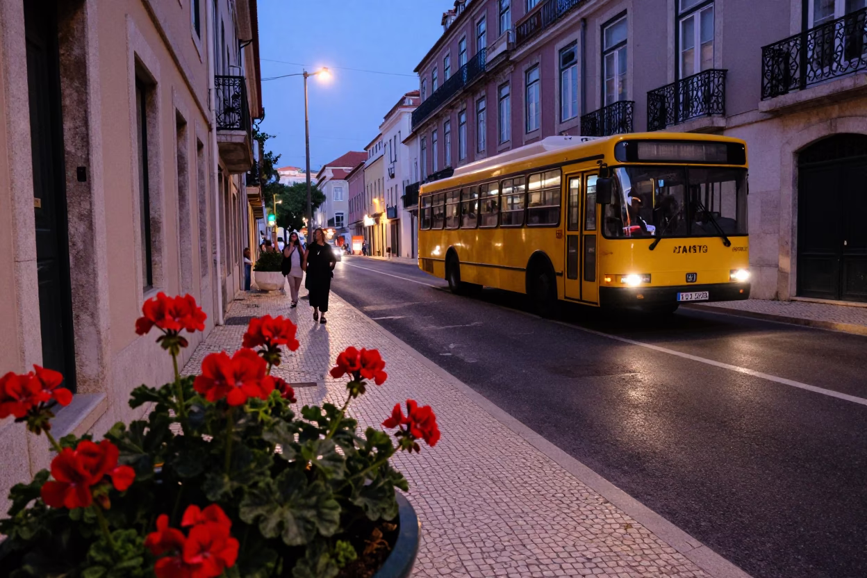 Lisbon Portugal indigo twilight street scene with geraniums and classic bus in in Lisbon, Portugal