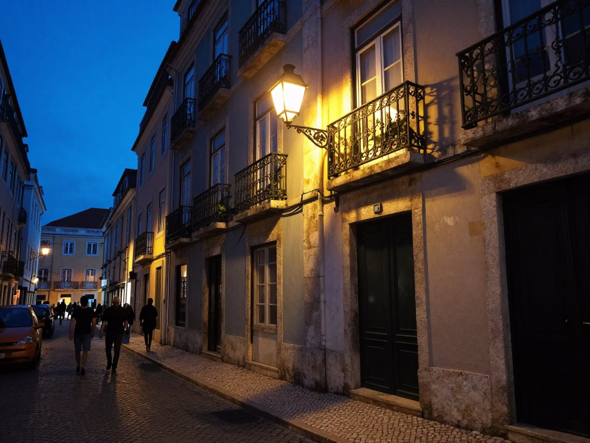 Lisbon Portugal indigo twilight street scene with lantern and oleander hedge in in Lisbon, Portugal