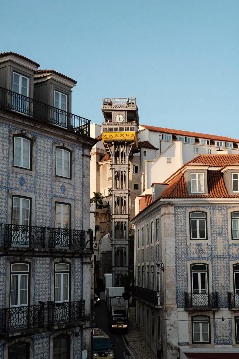 Lisbon Portugal Late Afternoon Horizon View of Historic Tile Facades and Funicular Railway in in Lisbon, Portugal