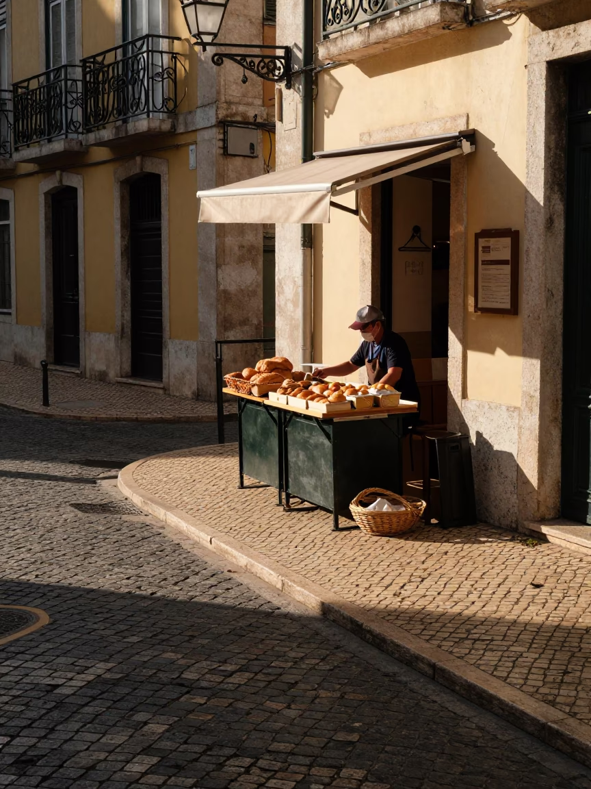 Lisbon Portugal Late Afternoon Street Scene with Bread Basket and Sewing Tool in in Lisbon, Portugal