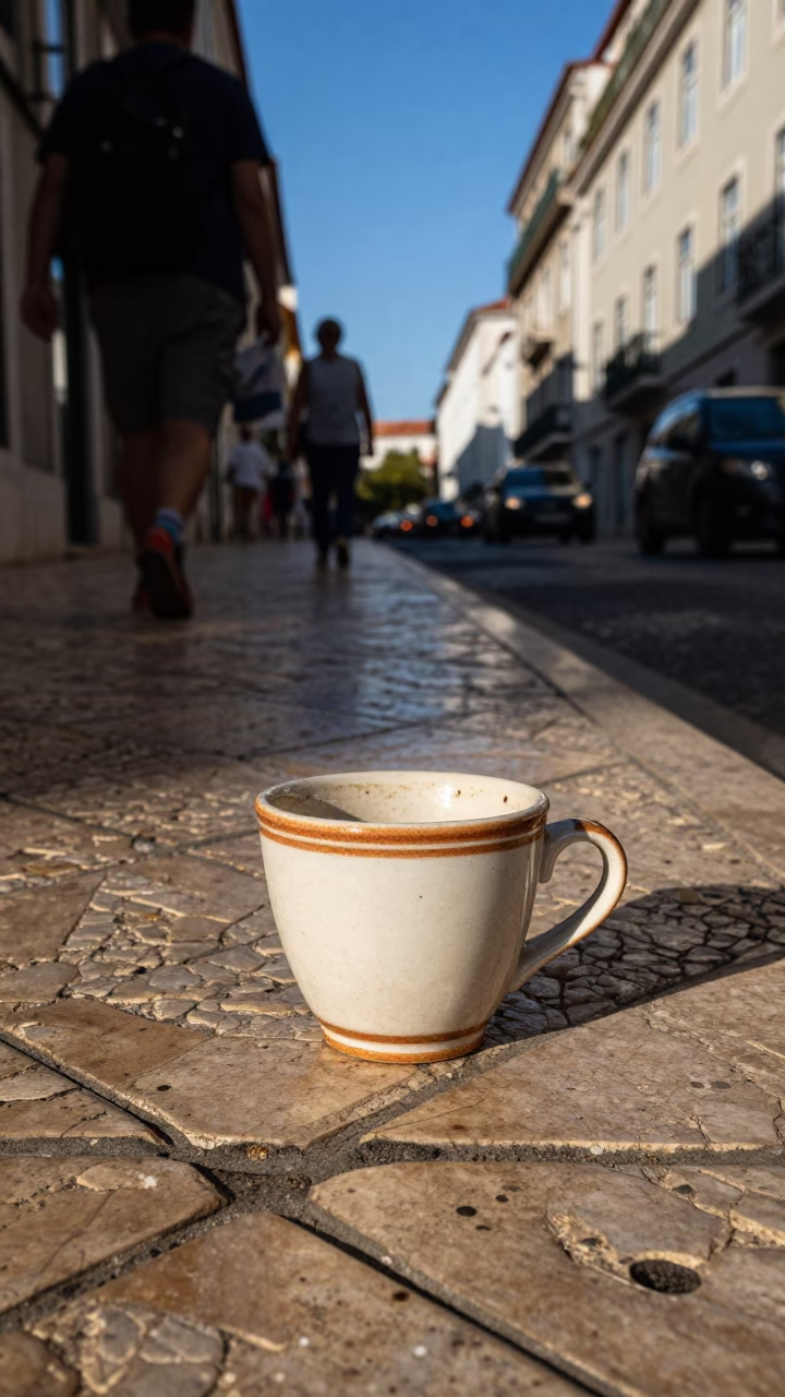 Lisbon Portugal late afternoon street scene with ceramic cup and colorful tiles in in Lisbon, Portugal