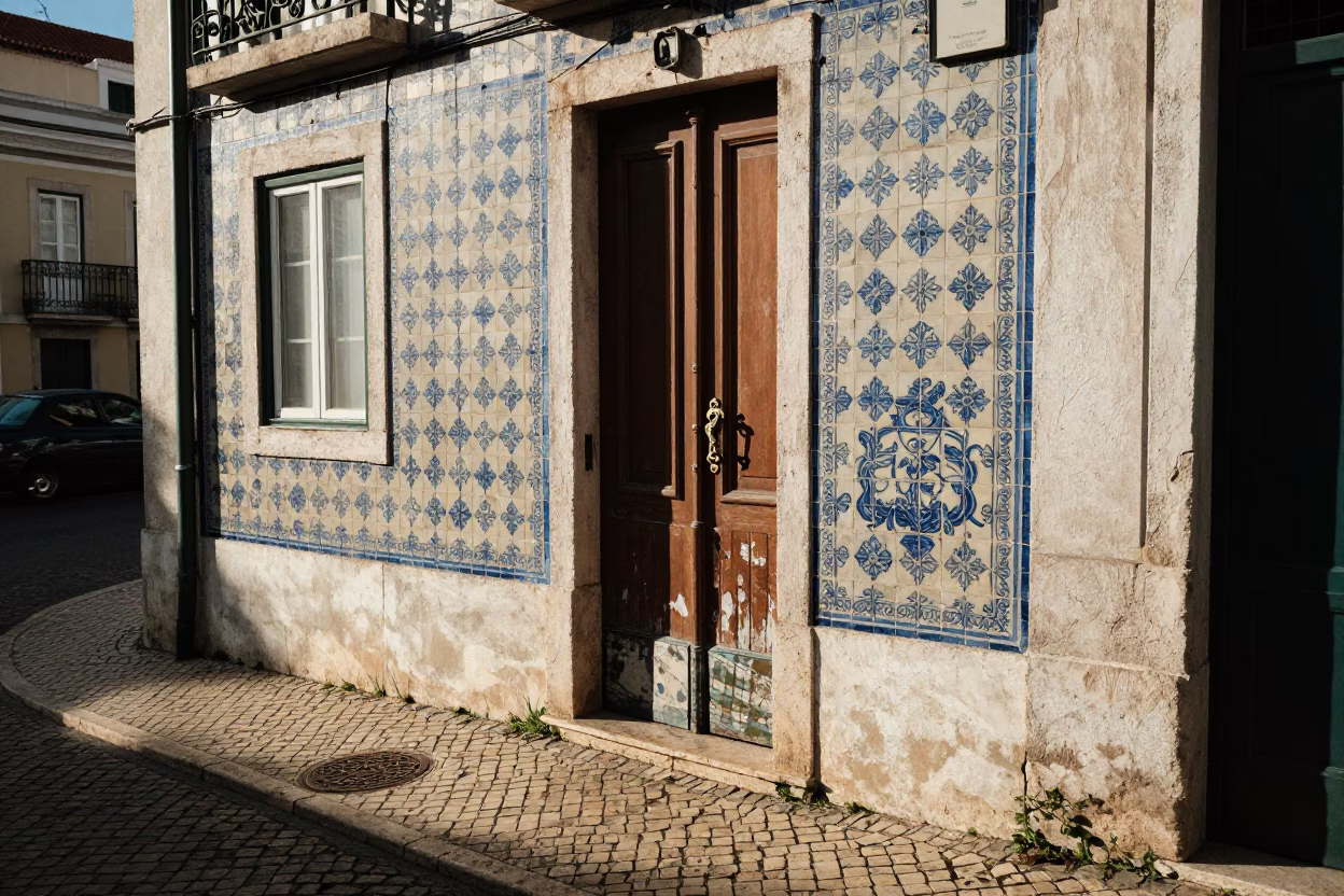 Lisbon Portugal late afternoon street scene with tiled facade and local details in in Lisbon, Portugal