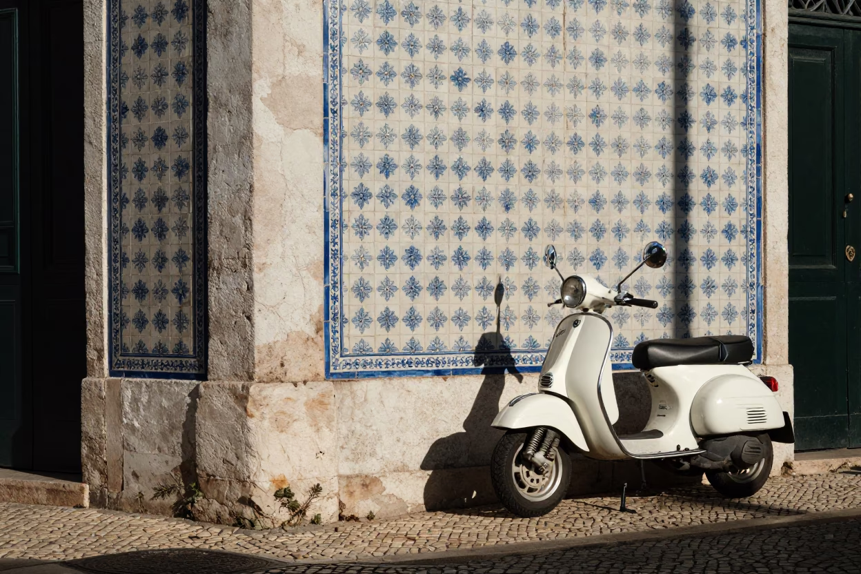 Lisbon Portugal late afternoon street scene with traditional azulejo tiles and vintage scooter in in Lisbon, Portugal