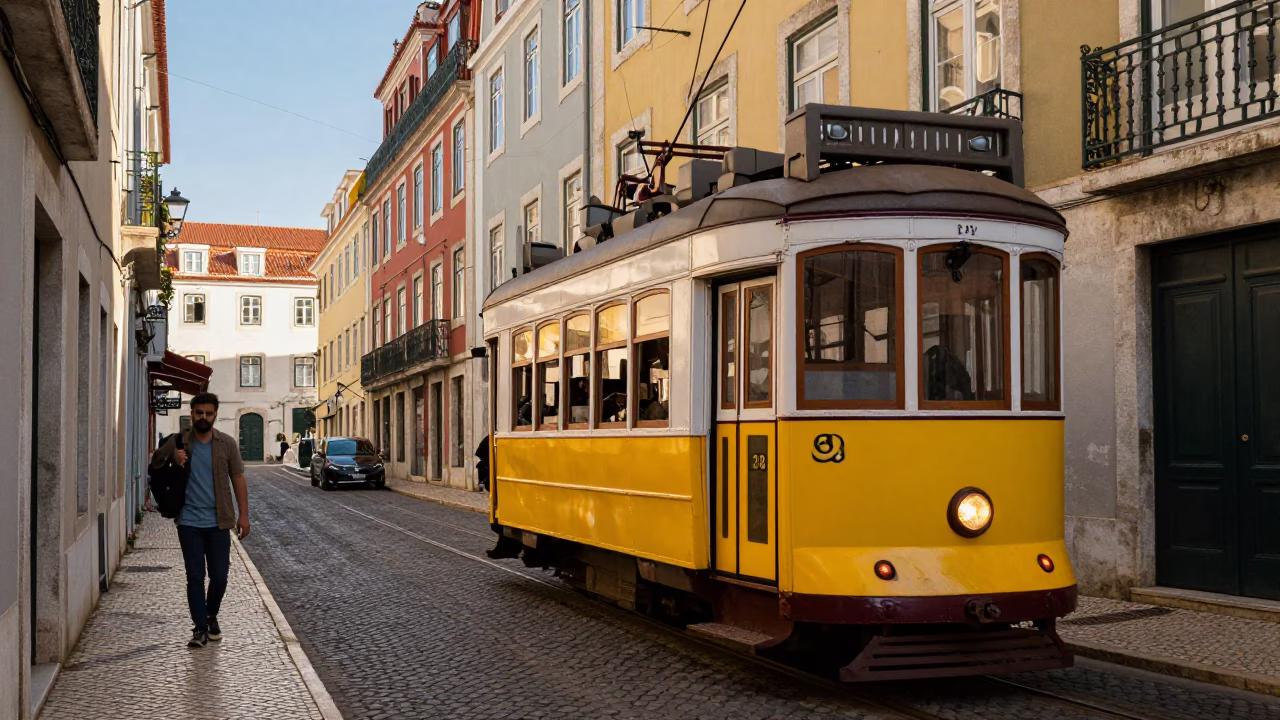 Lisbon Portugal Late Afternoon Street Scene with Traditional Tram and Historic Architecture in in Lisbon, Portugal