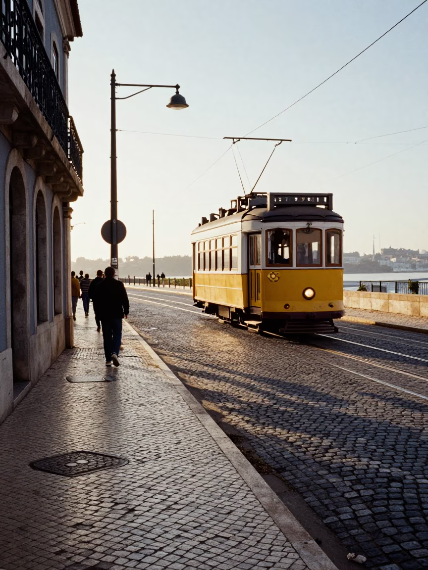 Lisbon Portugal Late Afternoon Street Scene with Tram and Ripples in in Lisbon, Portugal