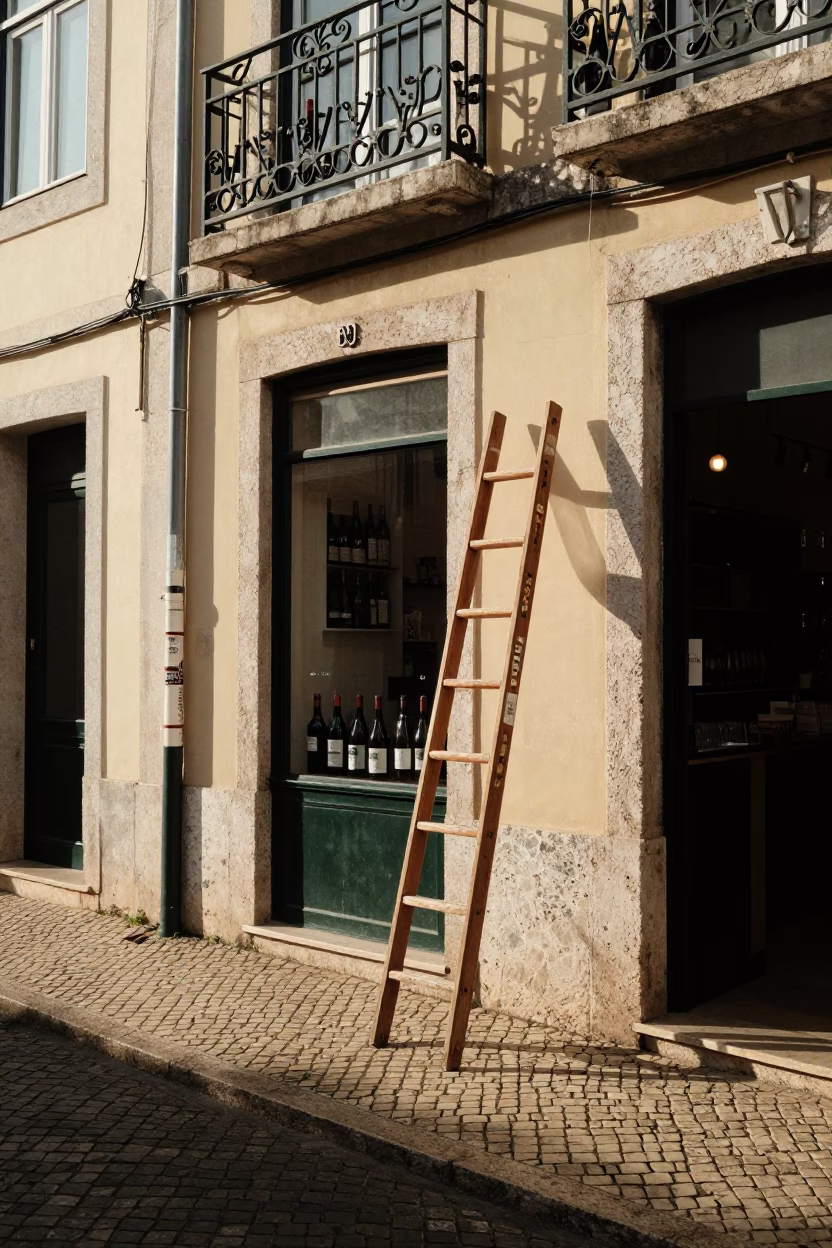Lisbon Portugal Late Afternoon Street Scene with Wine Shop Ladder and Succulent Living Wall in in Lisbon, Portugal