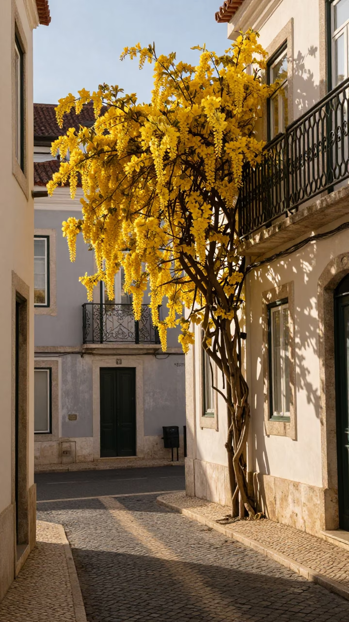 Lisbon Portugal Late Afternoon Street Scene with Wisteria and Vintage Phone in in Lisbon, Portugal