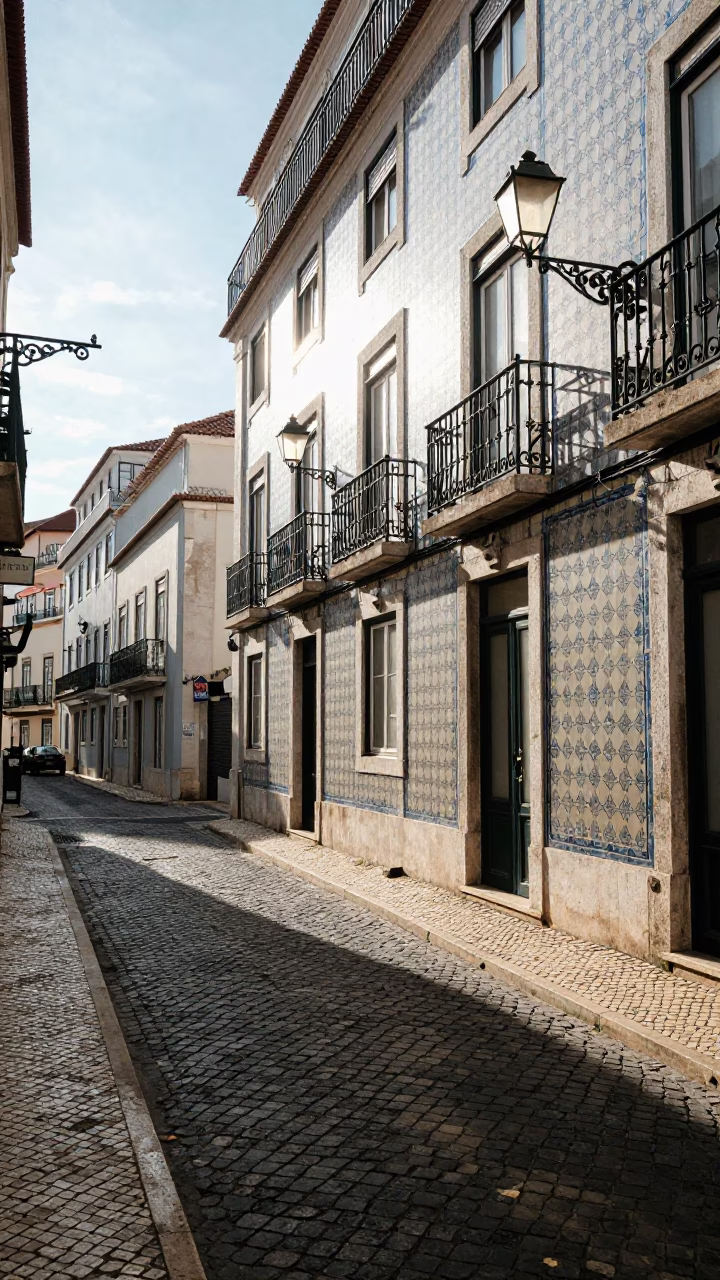 Lisbon Portugal Late Morning Street Scene with Paper Lanterns and Traditional Architecture in in Lisbon, Portugal