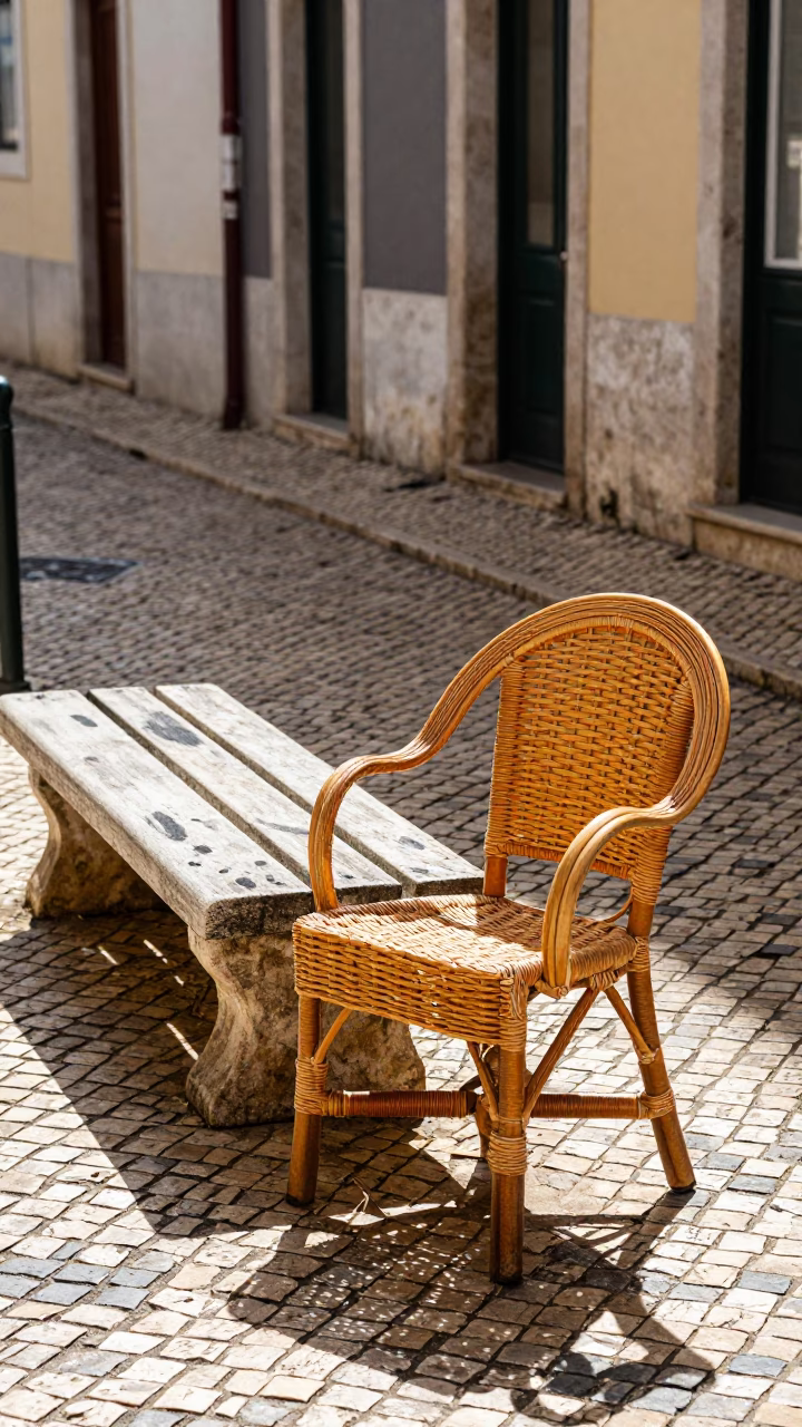 Lisbon Portugal Late Morning Street Scene with Rattan Chair and Smudged Bench in in Lisbon, Portugal