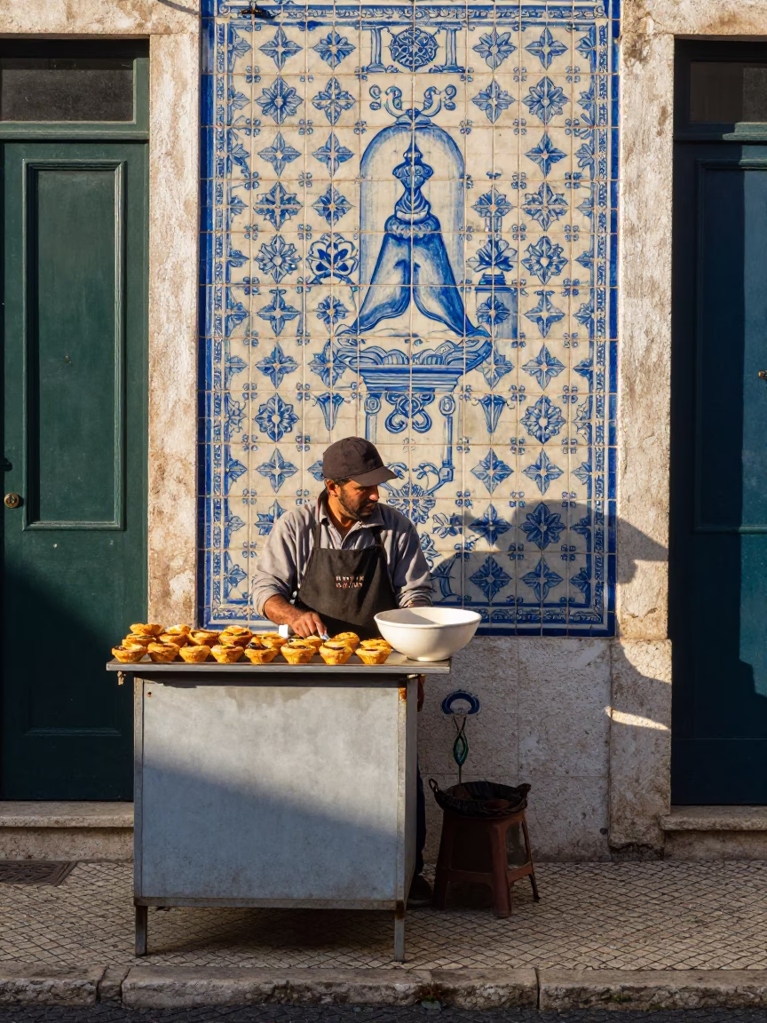 Lisbon Portugal Late Morning Street Scene with Traditional Azulejo Tiles and Pastries in in Lisbon, Portugal