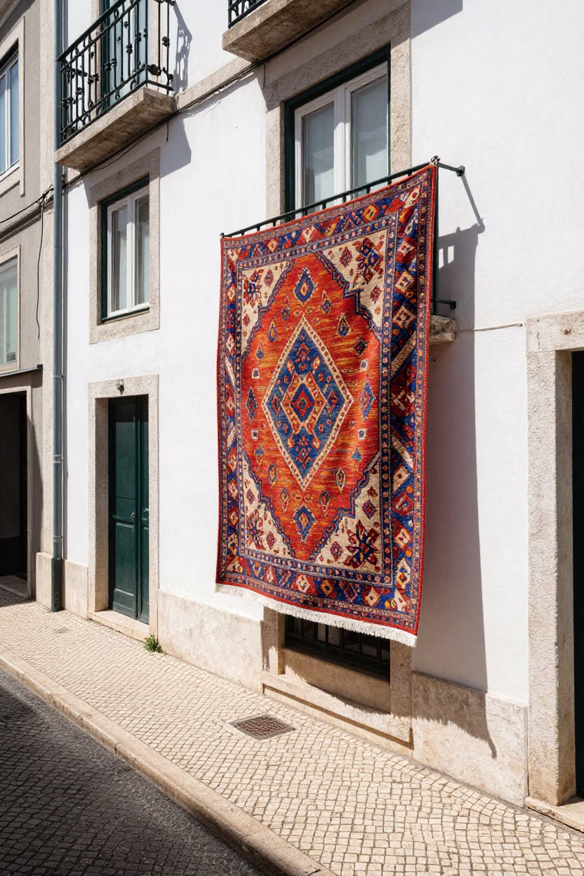 Lisbon Portugal Midday Street Scene with Patterned Rug and Glass Smudges in in Lisbon, Portugal