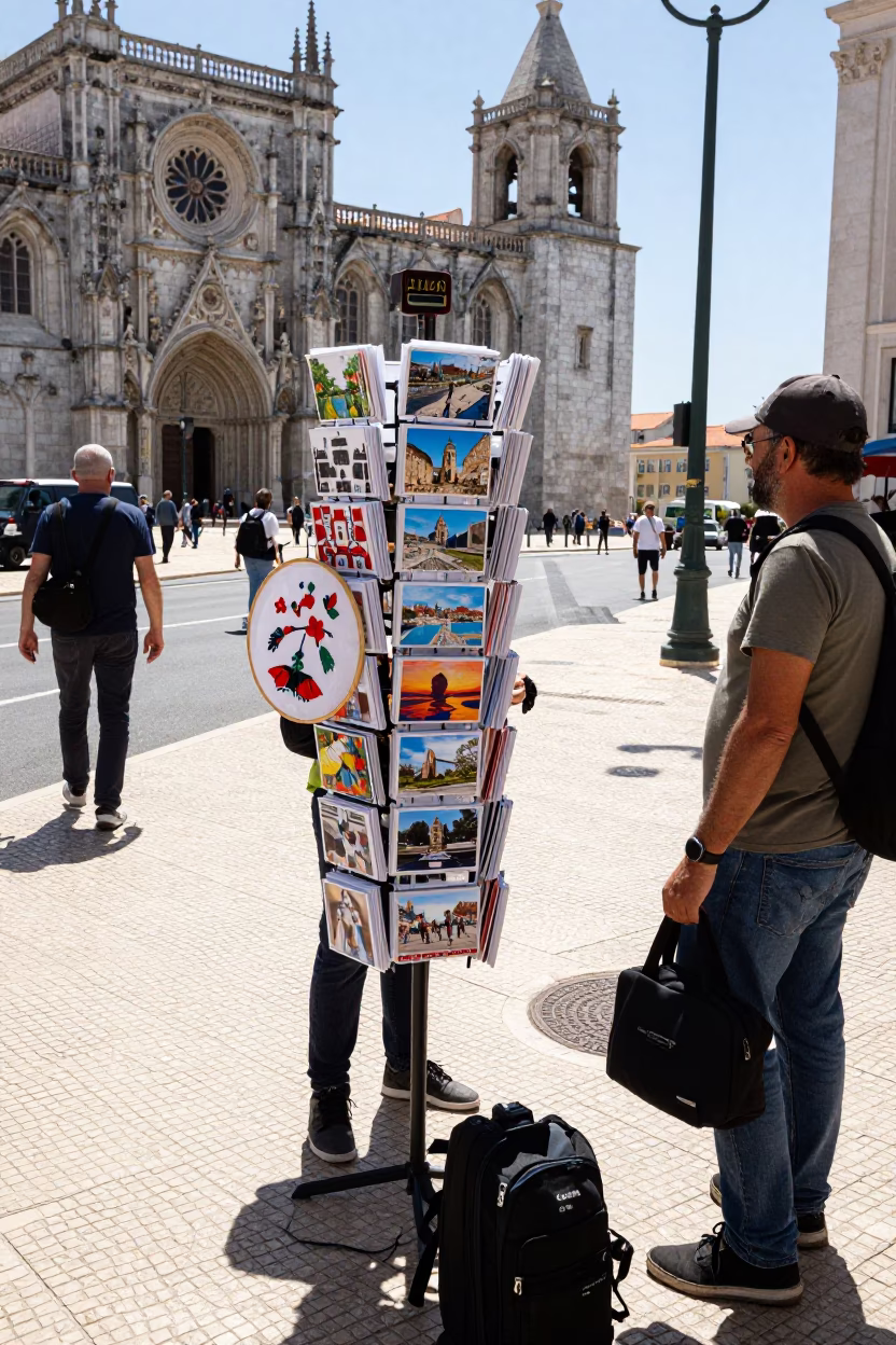 Lisbon Portugal Midday Street Scene with Postcards and Embroidery Hoop in in Lisbon, Portugal