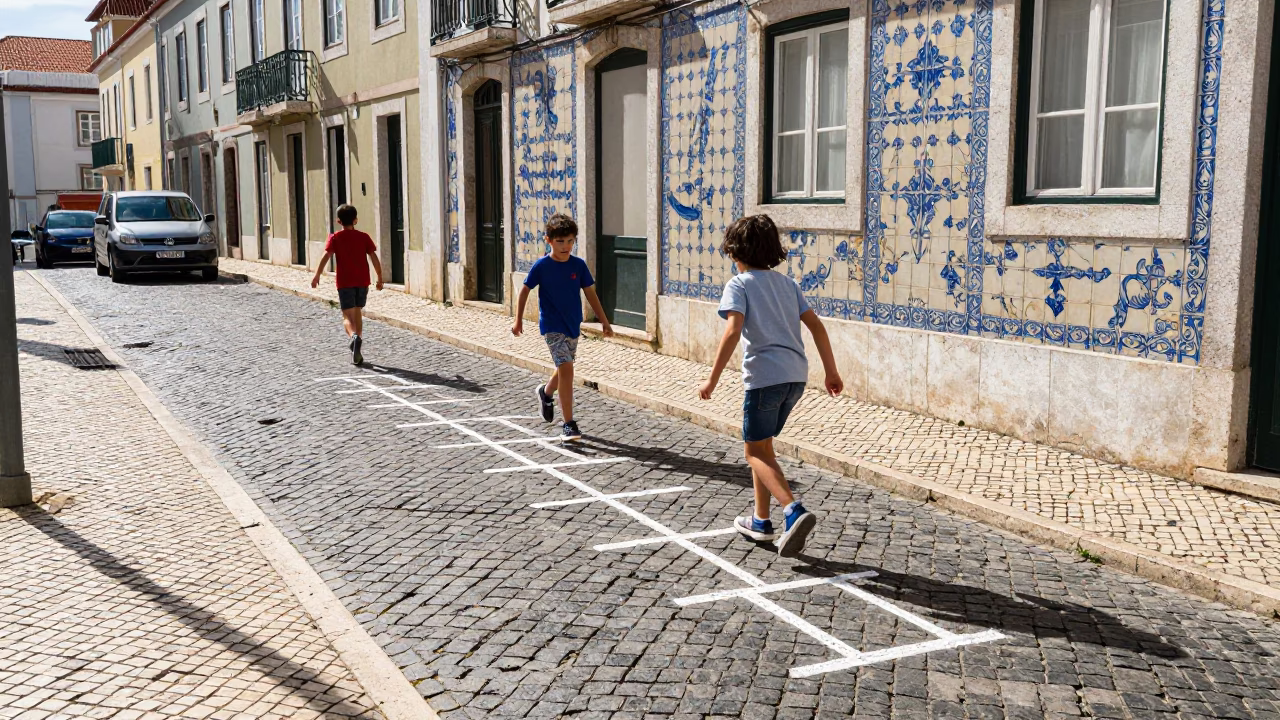 Lisbon Portugal Midmorning Street Scene with Traditional Azulejo Tiles and Hopscotch Game in in Lisbon, Portugal
