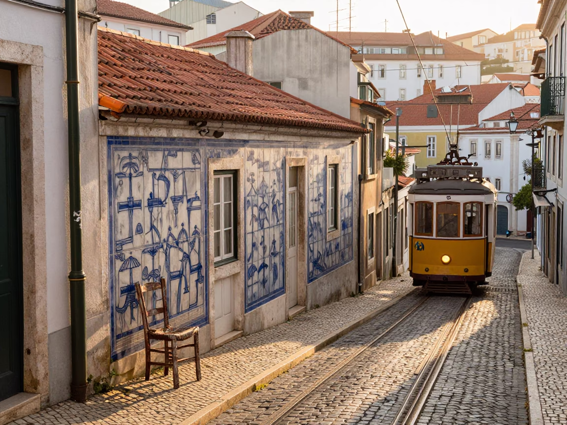 Lisbon Portugal Morning Light on Historic Azulejo Facade and Tram Track in in Lisbon, Portugal