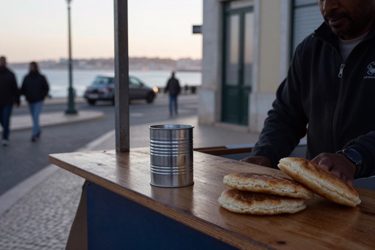 Lisbon Portugal Morning Street Scene with Coffee Tin and Arepas Before Sunrise in in Lisbon, Portugal