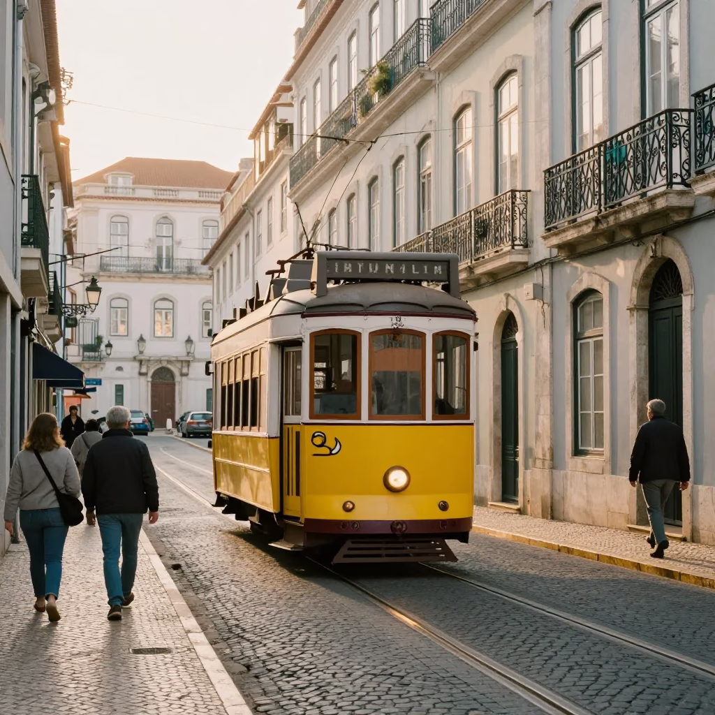 Lisbon Portugal Morning Street Scene with Yellow Tram and Traditional Azulejo Tiles in in Lisbon, Portugal