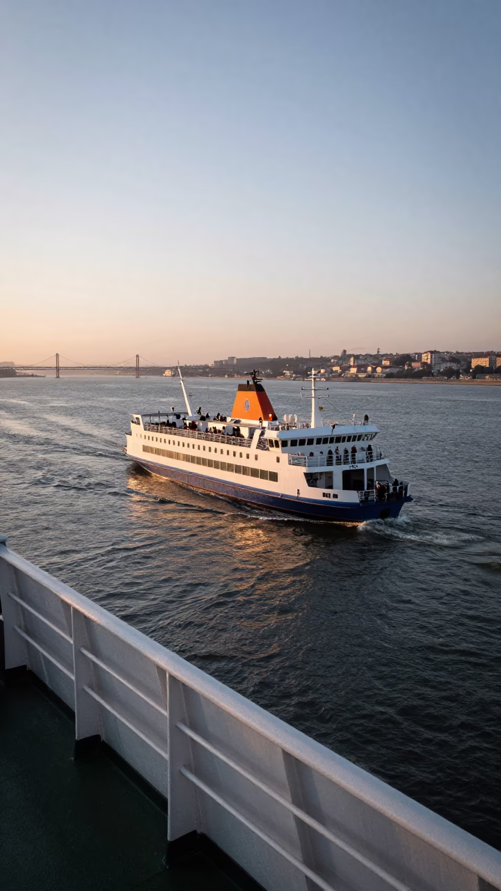 Lisbon Portugal Nautical Dawn Ferry Crossing Tagus River with Commuter Train in Distance in in Lisbon, Portugal