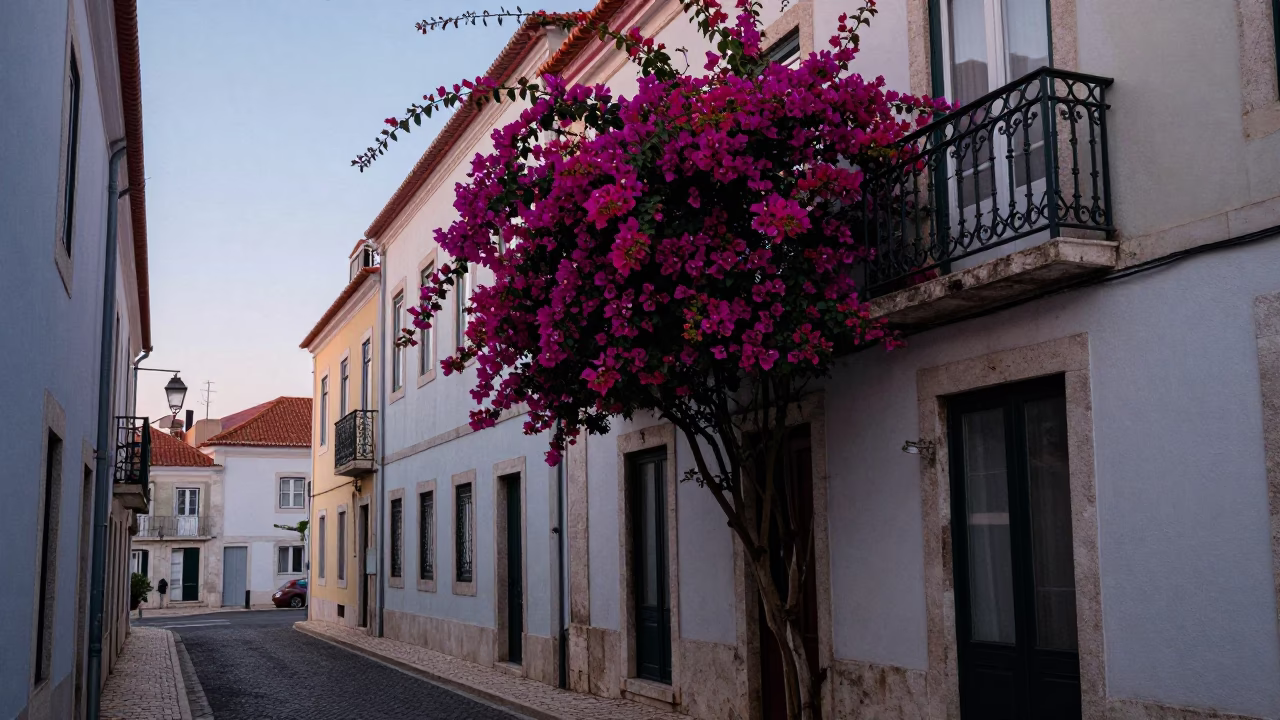 Lisbon Portugal Nautical Dawn Street Scene with Bougainvillea and Vintage Architecture in in Lisbon, Portugal