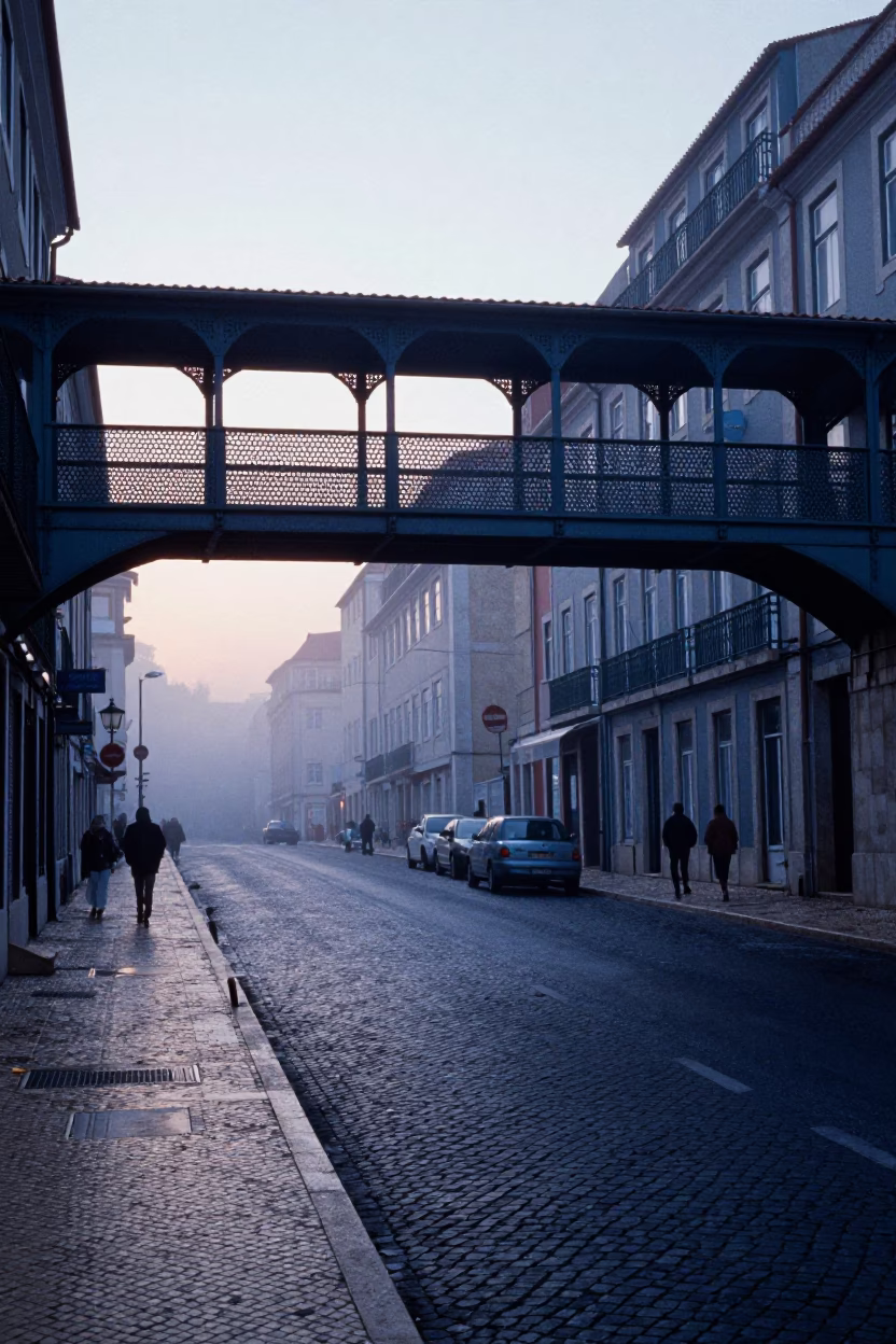 Lisbon Portugal Nautical Dawn Street Scene with Metal Pedestrian Overpass in in Lisbon, Portugal