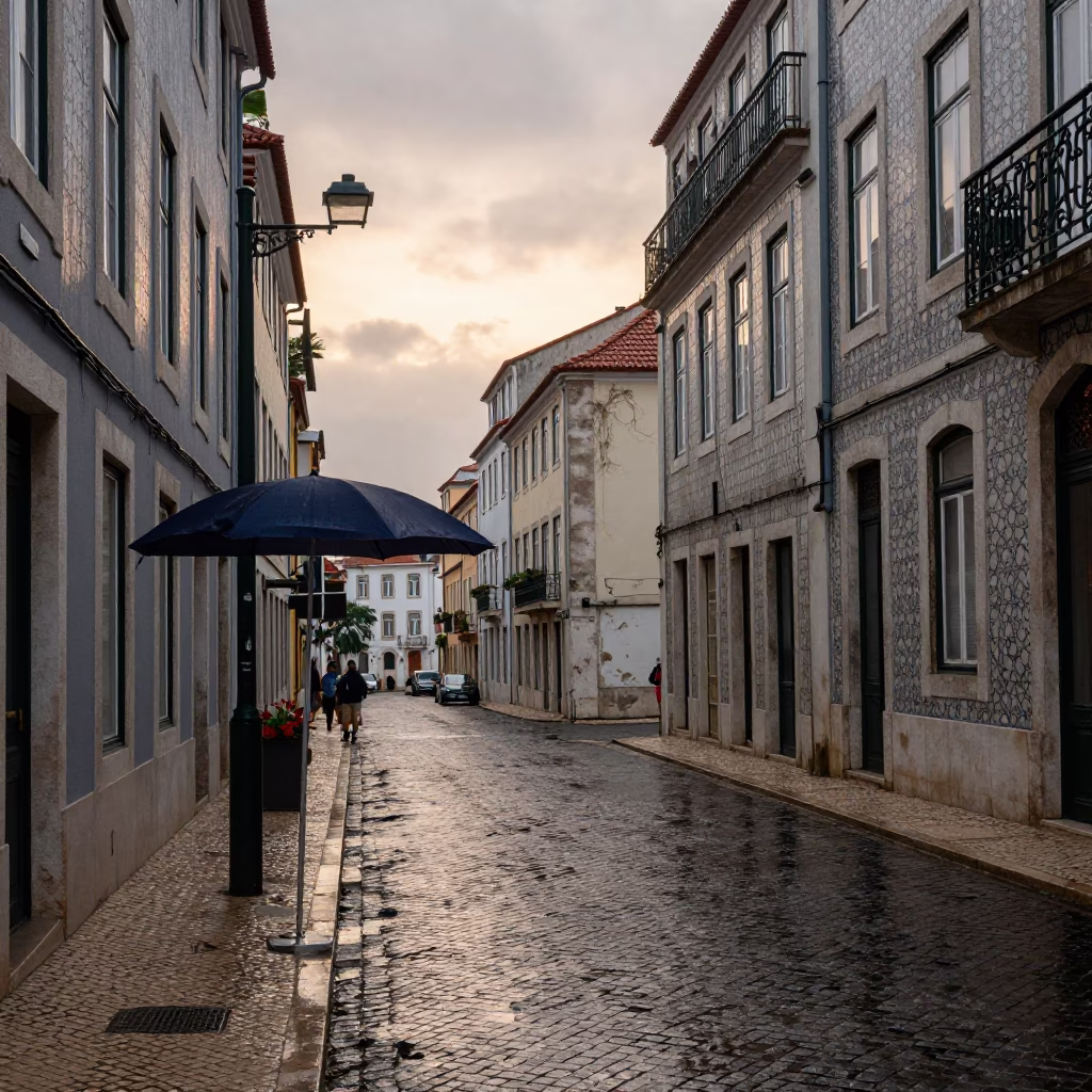 Lisbon Portugal Nautical Dawn Street Scene with Umbrella Stand and Embroidered Cushion in in Lisbon, Portugal