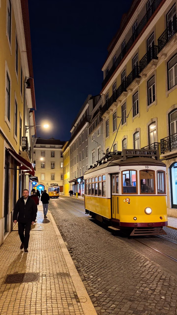 Lisbon Portugal Night Street Scene with Tram and Historic Architecture in in Lisbon, Portugal