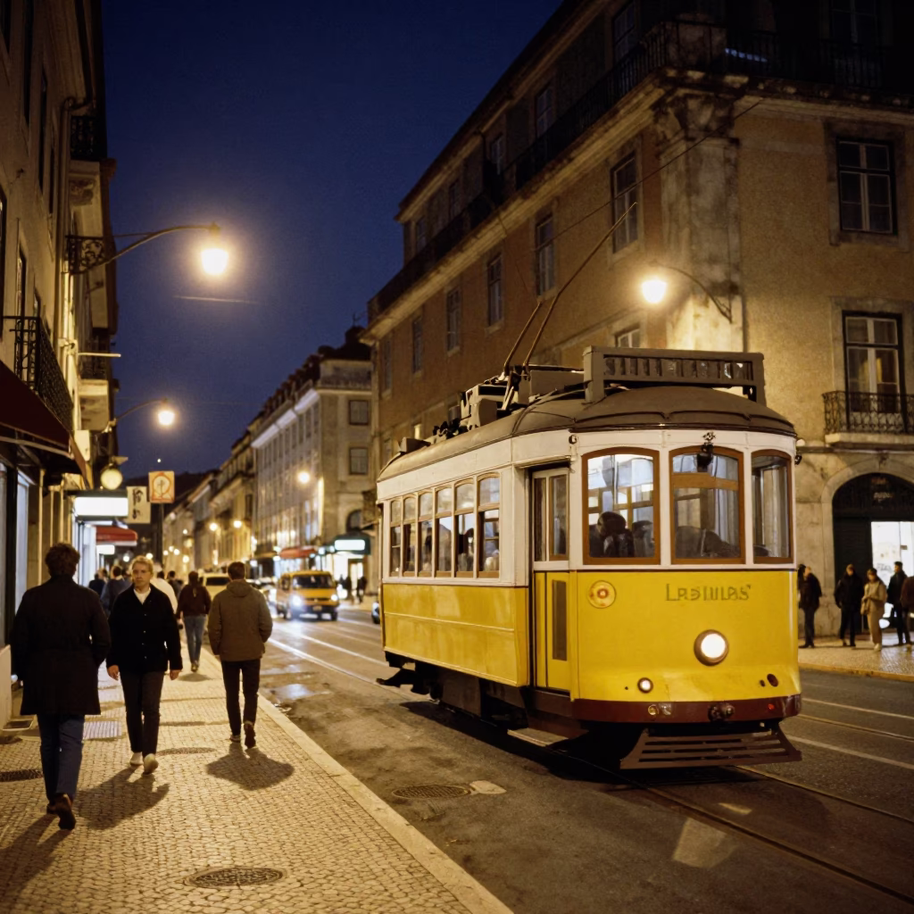 Lisbon Portugal Night Street Scene with Tram and Urban Architecture in in Lisbon, Portugal