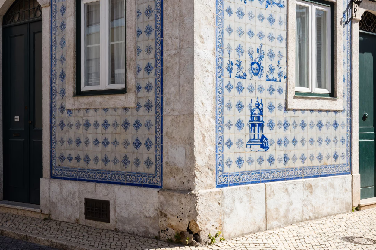 Lisbon Portugal noon glare on traditional azulejo tiled street corner with wrench on ledge in in Lisbon, Portugal