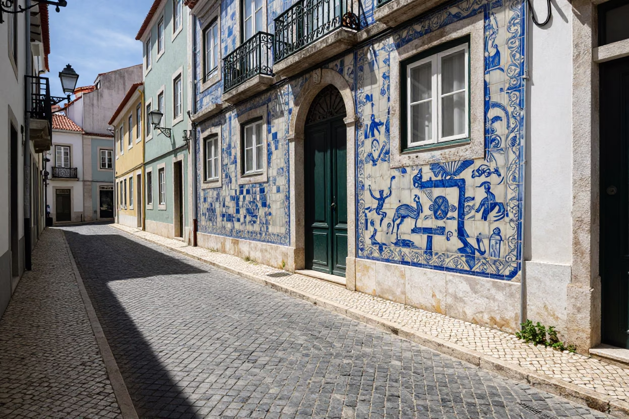 Lisbon Portugal noon light narrow street with blue azulejo tiles and local pedestrian in in Lisbon, Portugal