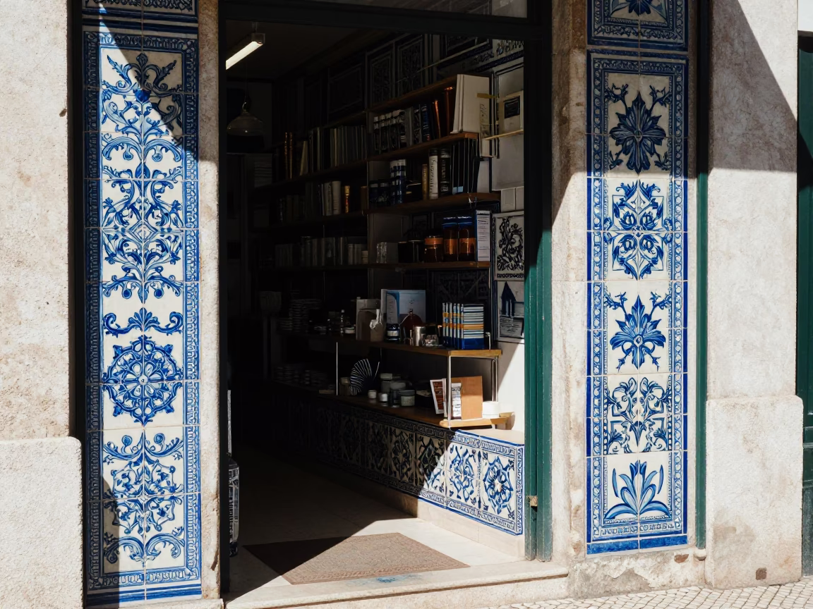 Lisbon Portugal Noon Light Traditional Azulejo Tile Shop Interior and Blue Porcelain Details in in Lisbon, Portugal