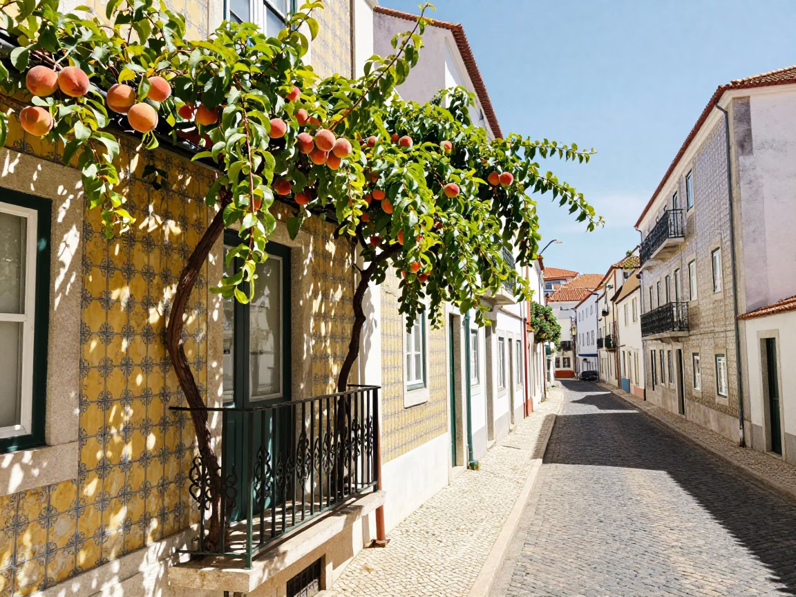 Lisbon Portugal Noon Street Scene with Grapevines and Peaches on Balcony in in Lisbon, Portugal