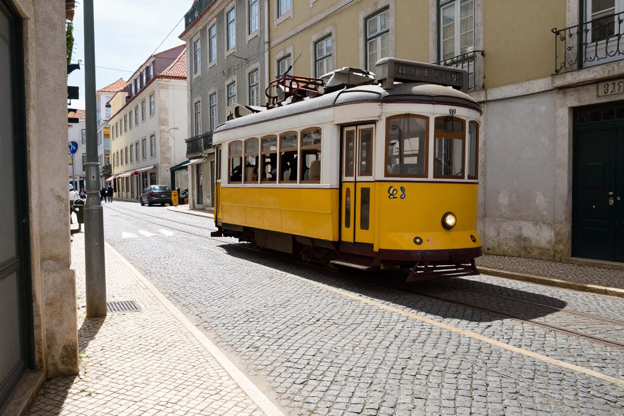 Lisbon Portugal Noon Street Scene with Tram 28 and Traditional Azulejo Tiles in in Lisbon, Portugal