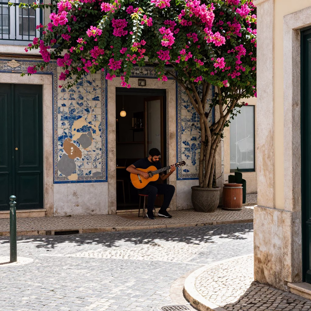 Lisbon Portugal Noon Sunlight on Fado Guitar and Bougainvillea Flowers in in Lisbon, Portugal