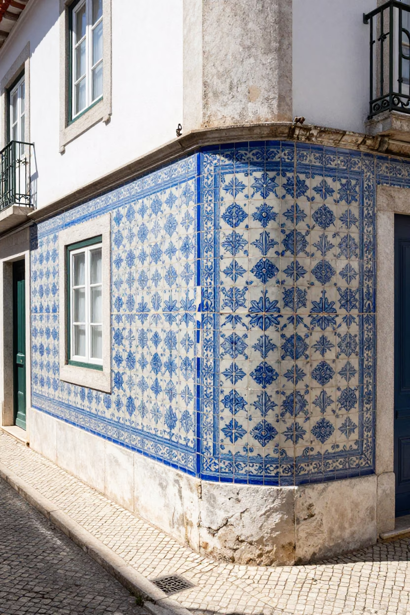 Lisbon Portugal Noon Sunlight on Traditional Blue Azulejo Tiles and Fig Tree Branches in in Lisbon, Portugal