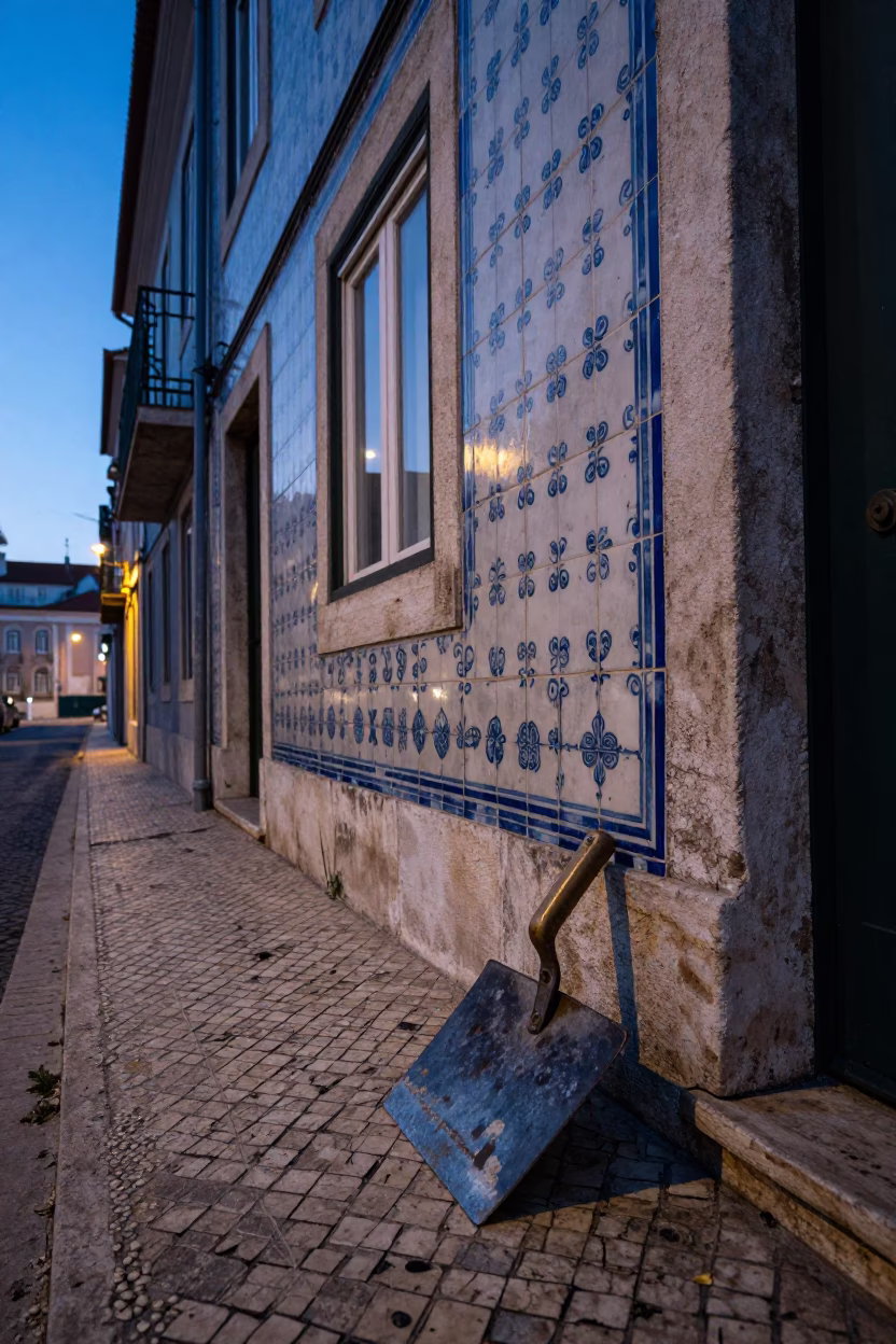 Lisbon Portugal pre-dawn street scene with boot scraper and historic tiled architecture in in Lisbon, Portugal
