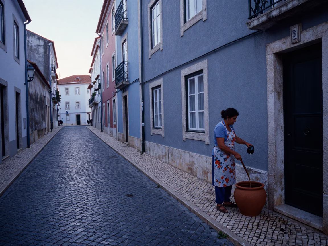 Lisbon Portugal Pre-Dawn Street Scene with Clay Pot and Watering Jug in in Lisbon, Portugal