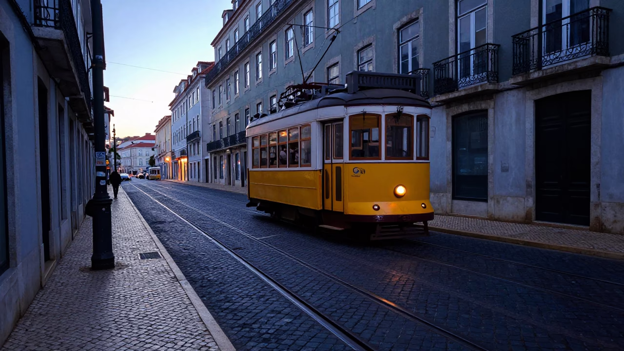 Lisbon Portugal Pre-Dawn Street Scene with Tram Tracks and Cobblestones Before Sunrise in in Lisbon, Portugal