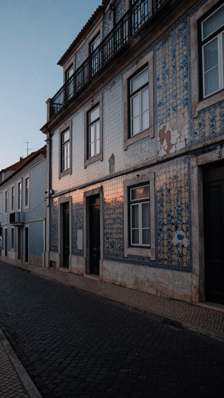 Lisbon Portugal Pre-Dawn Street Scene with Vintage 1980s Aesthetic and Local Details in in Lisbon, Portugal