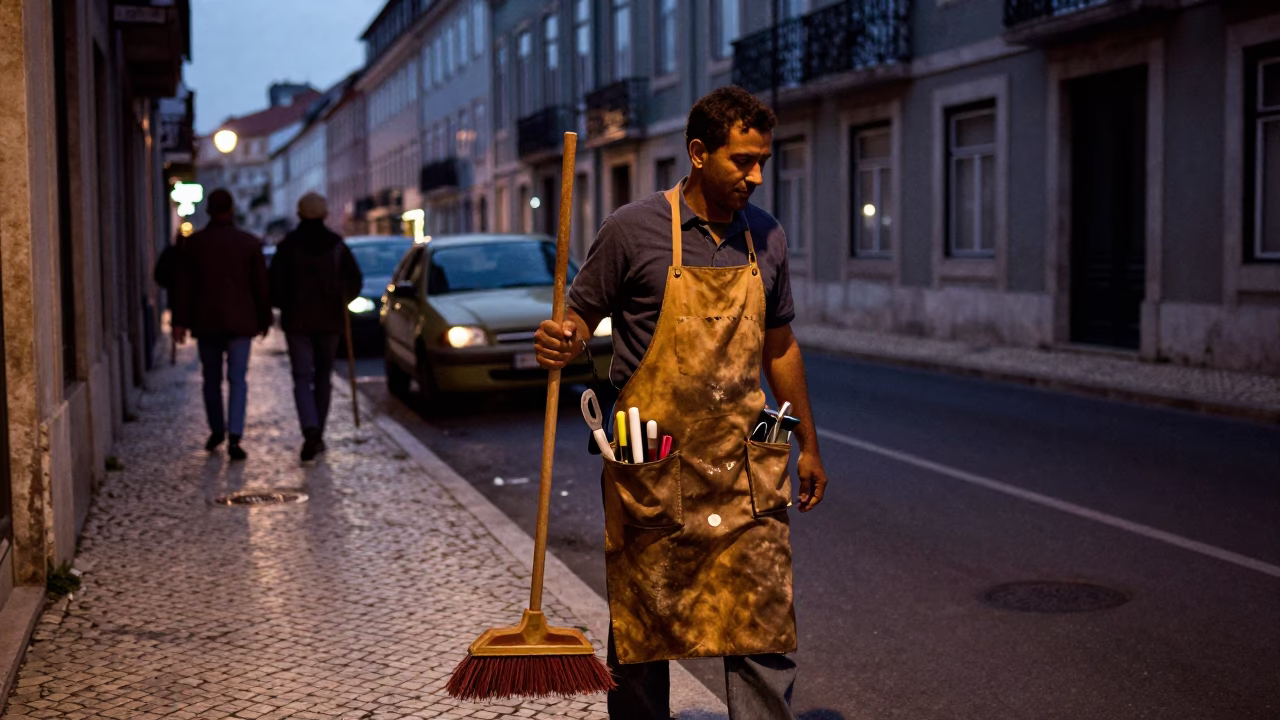Lisbon Portugal Predawn Street Scene with Broom and Tool Aprons in 1960s Style in in Lisbon, Portugal