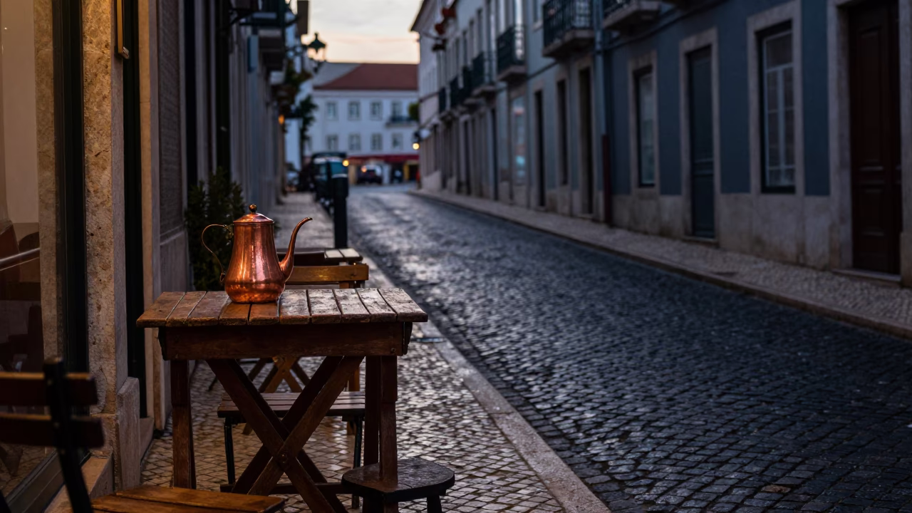 Lisbon Portugal Predawn Street Scene with Copper Coffee Pot and Brass Plate in in Lisbon, Portugal